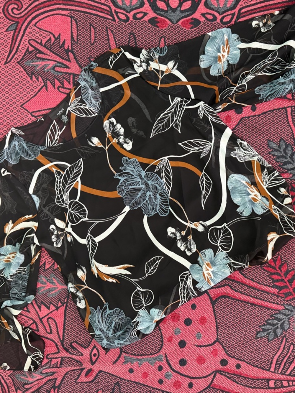 Alfani Black Floral Blouse with Blue and Tan Accents